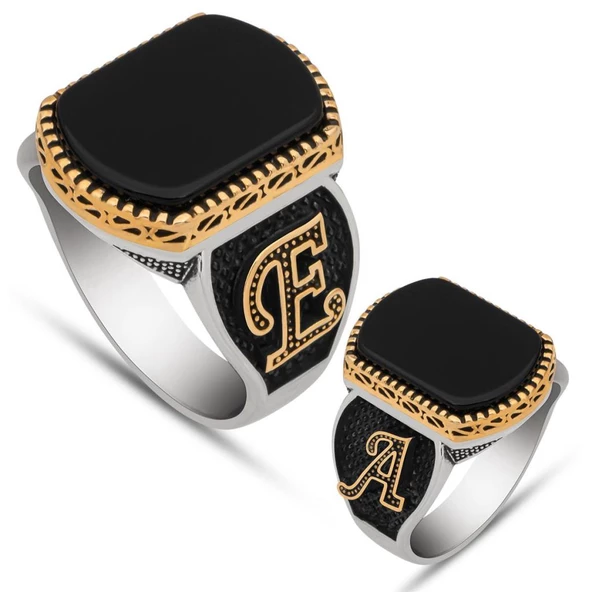 Siyah Oniks Taşlı Harfli 925 Gümüş Erkek Yüzük - 2