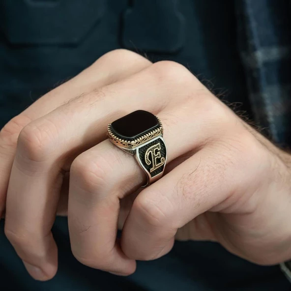 Siyah Oniks Taşlı Harfli 925 Gümüş Erkek Yüzük - 7