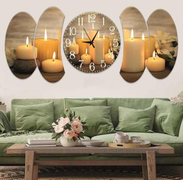 5 Parça Sarı Mumlar Tasarım Saatli Mdf Tablo - 1