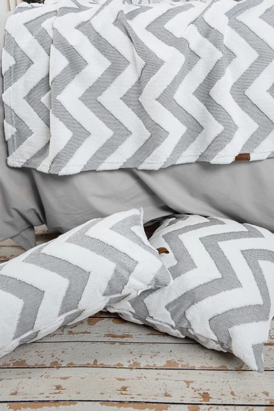 Yatak Runner Kırlent Seti Bohem Punch Panç Desen Yatak Örtüsü Line Gri - Resim 2