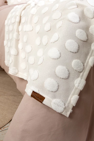 Yatak Runner Kırlent Seti Bohem Punch Panç Desen Yatak Örtüsü Point Ekru - Resim 3