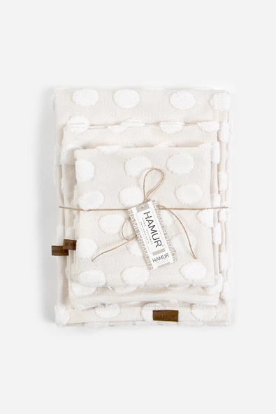 Yatak Runner Kırlent Seti Bohem Punch Panç Desen Yatak Örtüsü Point Ekru - Resim 4