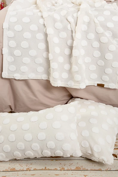 Yatak Runner Kırlent Seti Bohem Punch Panç Desen Yatak Örtüsü Point Ekru - Resim 2