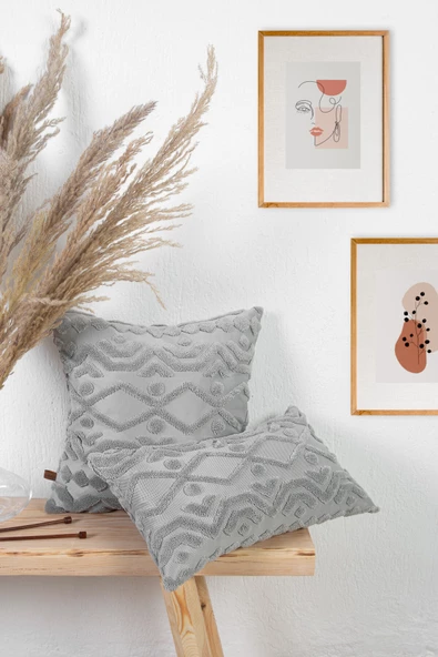 Bohem Özel Tasarım Punch Panç Desen Dikdörtgen Dekoratif Kırlent Kılıfı Letta Gri - 2