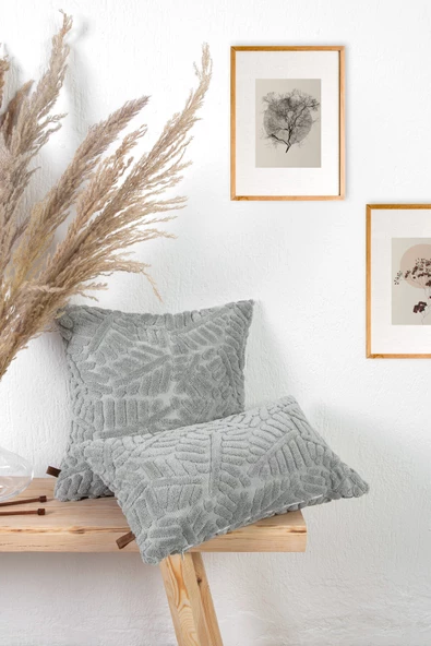 Bohem Özel Tasarım Punch Panç Desen Kare Dekoratif Kırlent Kılıfı Forest Gri - Resim 2