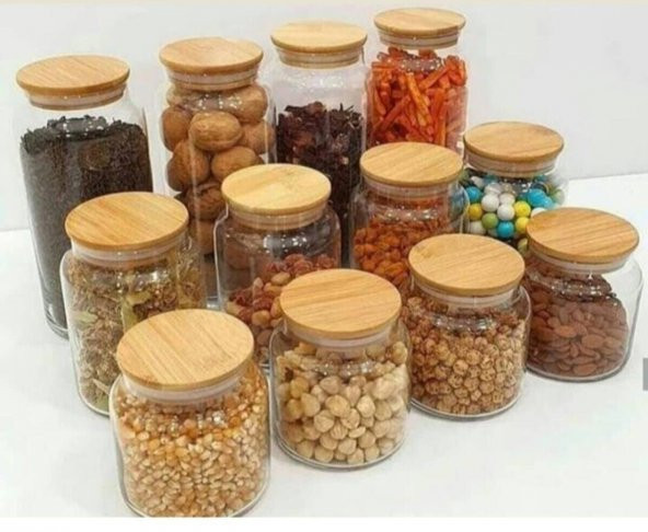 12 PARÇA Bambu Kapaklı Cam Kavanoz 3 Farklı Ebat