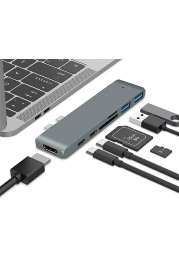 Macbook Pro Type C 7'li Hub + 4k Hdmı + Kart Okuyucu + 2 Usb 3.0 - Silver