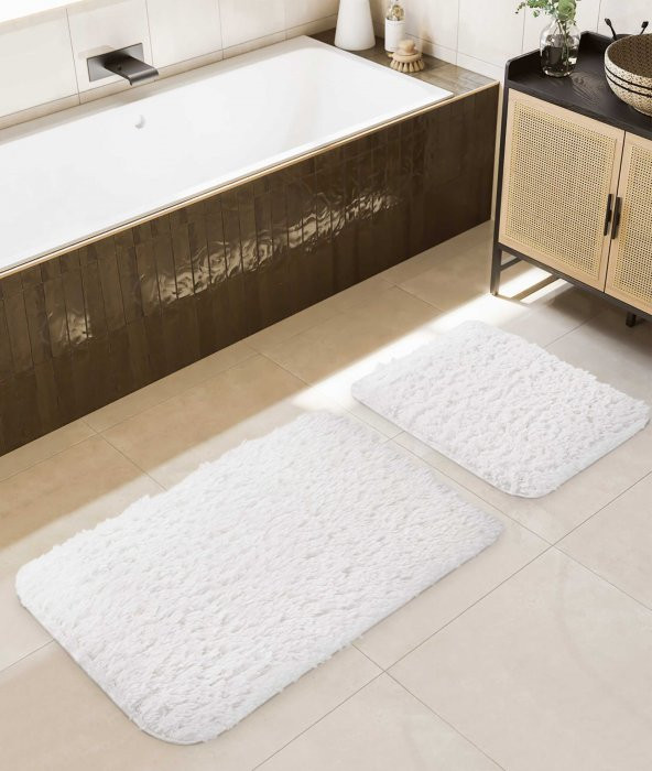 Douro Shaggy 2li Banyo Paspası Beyaz Kaydırmaz Taban 60 x 100 - 50 x 60