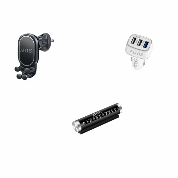 AURIS Araç İçi 3lü Set Telefon Tutucu Çift USB Araç Şarj Cihazı Park Numaratör