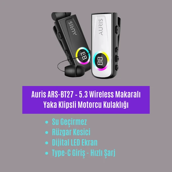Auris ARS-BT27 5.3 Wireless Makaralı Yaka Klipsli Motorcu Kulaklığı - Resim 2