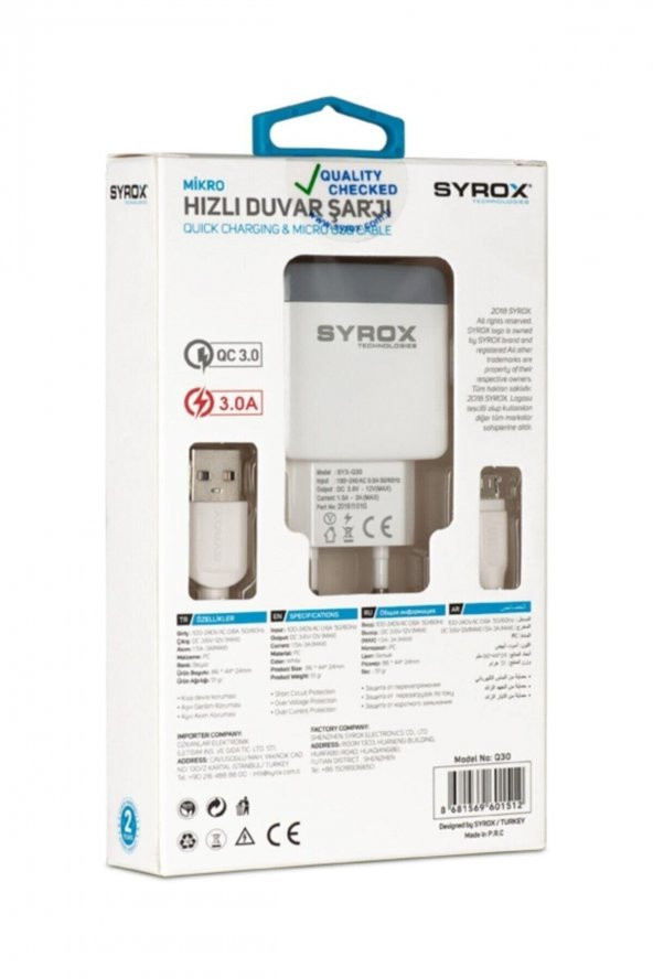 Syrox Q30 Micro Data 2A Hızlı Quick Şarj Aleti