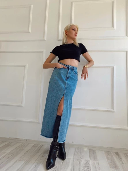 Kadın Önden Yırtmaçlı Denim Etek Buz Mavi - Resim 2