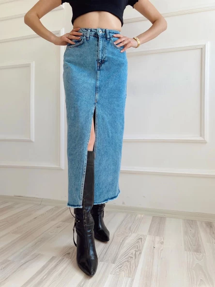 Kadın Önden Yırtmaçlı Denim Etek Buz Mavi - Resim 8