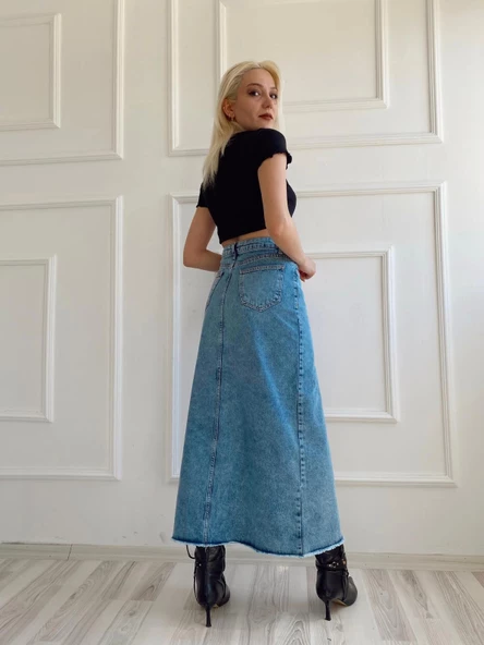 Kadın Önden Yırtmaçlı Denim Etek Buz Mavi - Resim 5