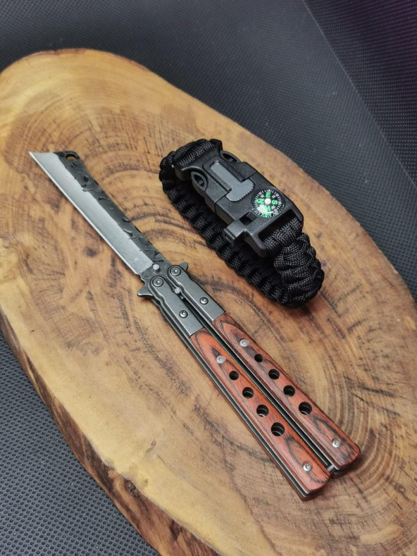 21 cm Damascus Ahşap Ustura Kelebek ve Paracord Bileklik