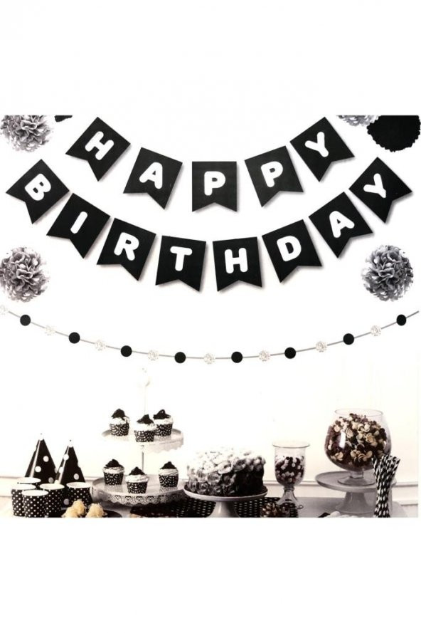 Beysüs Siyah Üstüne Gümüş Gri Yaldızlı Happy Birthday Yazılı Doğum Günü Partisi Karton Ipli Yazı Banner