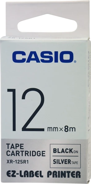 Casio XR-12SR1 (Silver/black) Etiket Yazıcısı Kartuşu Gümüş Renk Üstüne Siyah Baskı - Resim 2