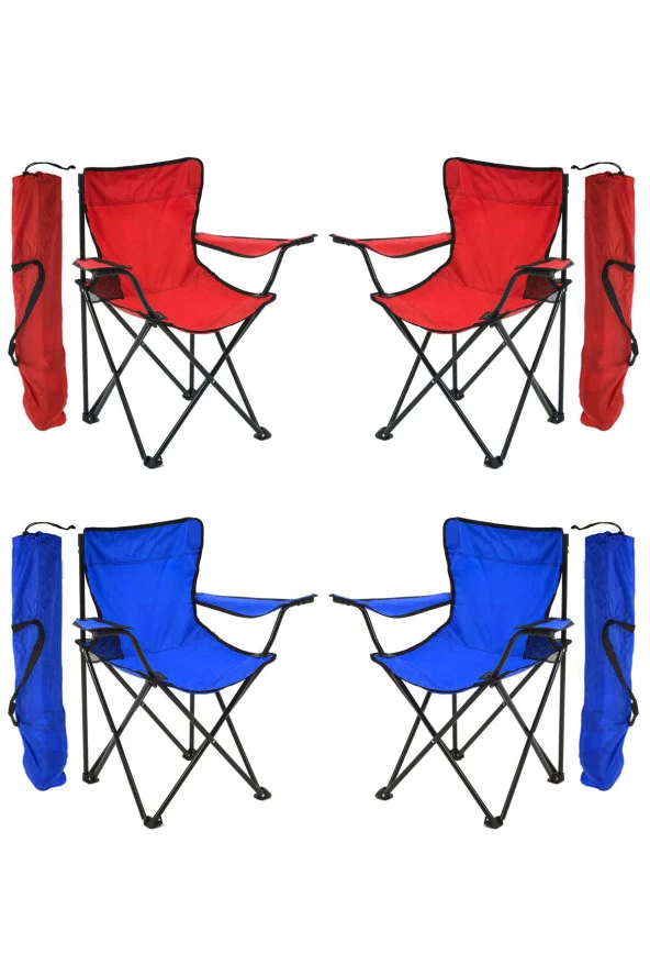 EXENT 4'LÜ Rejisör Kamp Sandalyesi Katlanır Piknik, Plaj, Balıkçı Sandalyesi-2 KIRMIZI + 2 MAVİ