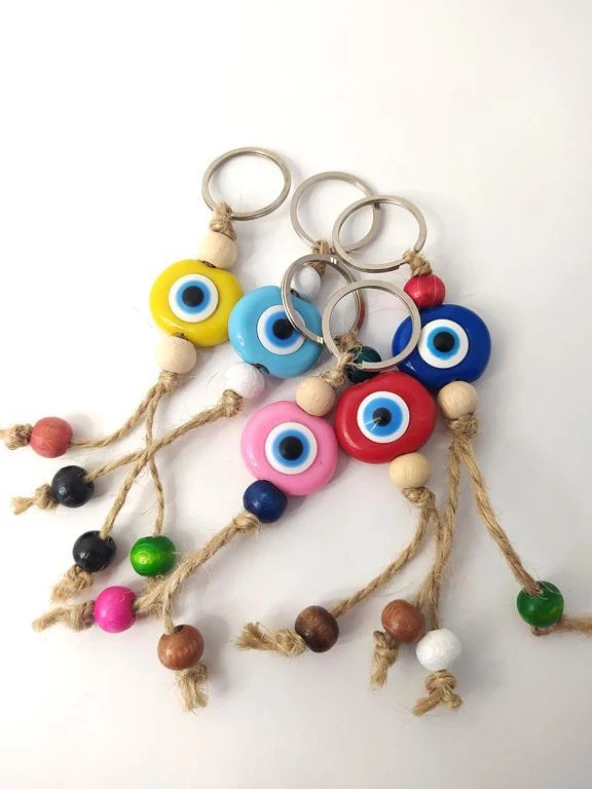 Nazar Boncuk Anahtarlık 5 Adet Kötü Göz Kovucu Nazar Hand Made Hasır Renkli Boncuklu Nazarlı Anahtarlık - 3