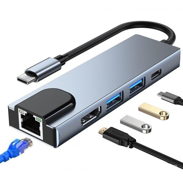 Peeq 5 İn 1 Alüminyum Alaşımlı Hdmı Usb 3 0 Pd Ethernet Macbook Pc Uyumlu Adaptör Çoklayıcı Hub