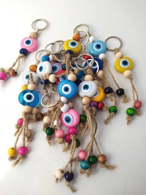 Nazar Boncuk Anahtarlık 10 Adet Kötü Göz Kovucu Nazar Hand Made Hasır Renkli Boncuklu Nazarlı Anahtarlık - Resim 3