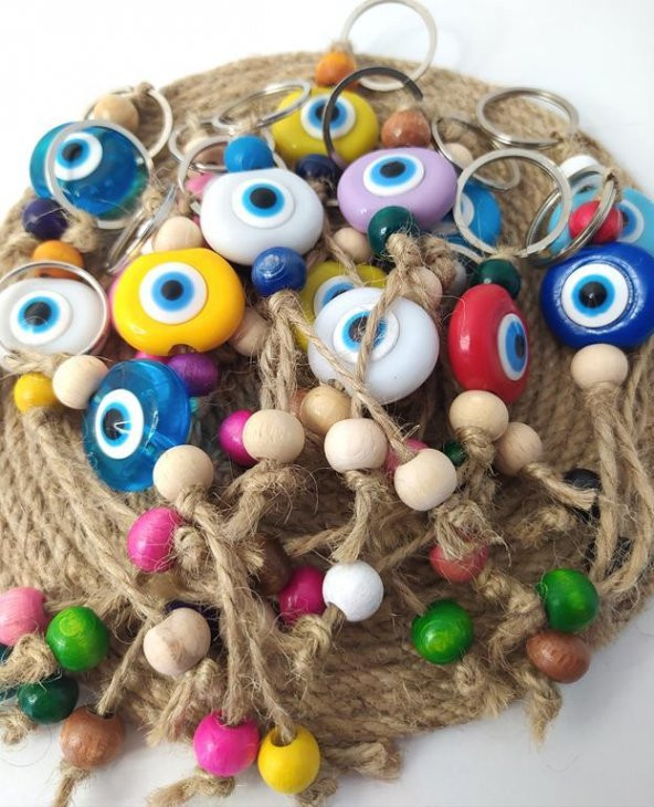 Nazar Boncuk Anahtarlık 20 Adet Kötü Göz Kovucu Nazar Hand Made Hasır Renkli Boncuklu Nazarlı Anahtarlık - 4