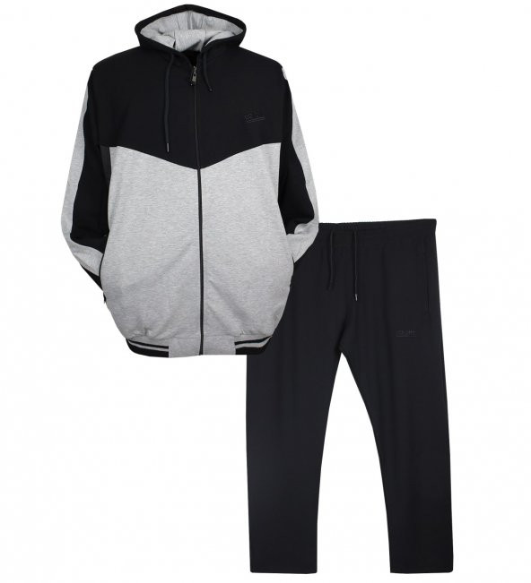 Erkek Büyük Beden Kapşonlu Eşofman Takımı Gri-Siyah