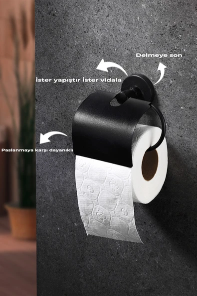 Sas Haus Yapışkanlı Siyah Geniş Kapaklı Tuvalet Kağıtlığı Wc Kağıtlık Tuvalet Kağıdı Askısı - 3