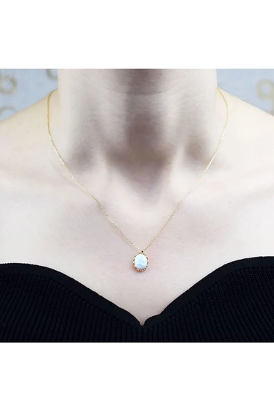 Lilarote Pırlanta Opal Taşlı Oval Altın Kolye - Resim 2