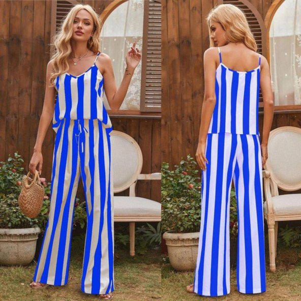 Kadın Dijital Baskılı Jesica Kumaş Askılı Bluz Pantolon Takım