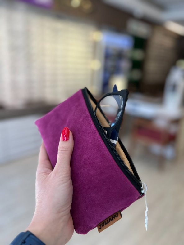 Fuşya Süet Özel Tasarım Fermuarlı Gözlük Kılıfı - Çanta - 3