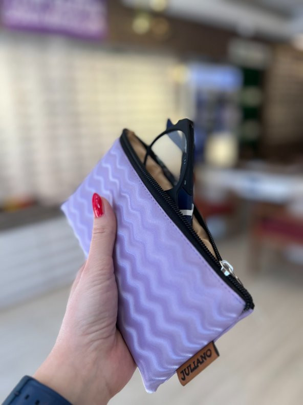 Lila Hologramlı Özel Tasarım Fermuarlı Gözlük Kılıfı - Çanta - 3