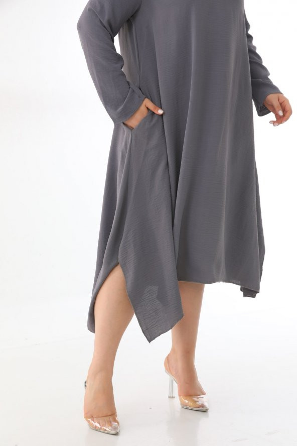 Kadın Büyük Beden Asimetrik Bol Kesim Uzun Kollu Salaş Midi Elbise - 3