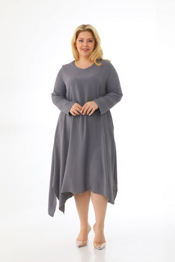 Kadın Büyük Beden Asimetrik Bol Kesim Uzun Kollu Salaş Midi Elbise - 4