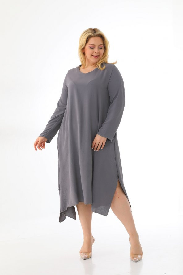 Kadın Büyük Beden Asimetrik Bol Kesim Uzun Kollu Salaş Midi Elbise - 5