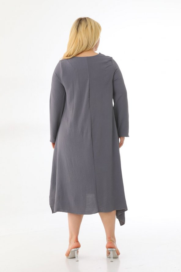 Kadın Büyük Beden Asimetrik Bol Kesim Uzun Kollu Salaş Midi Elbise - 6