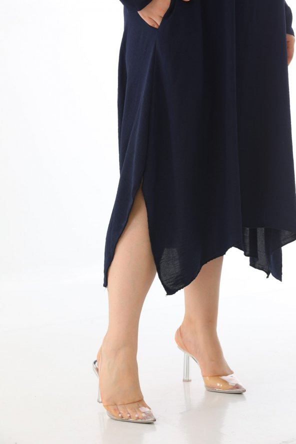 Kadın Büyük Beden Asimetrik Bol Kesim Uzun Kollu Salaş Midi Elbise - 10