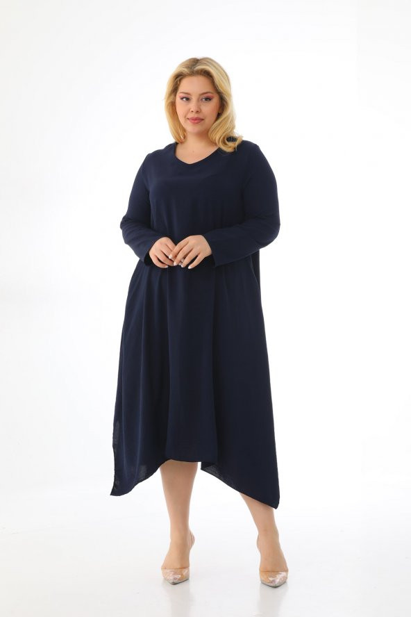 Kadın Büyük Beden Asimetrik Bol Kesim Uzun Kollu Salaş Midi Elbise - 11