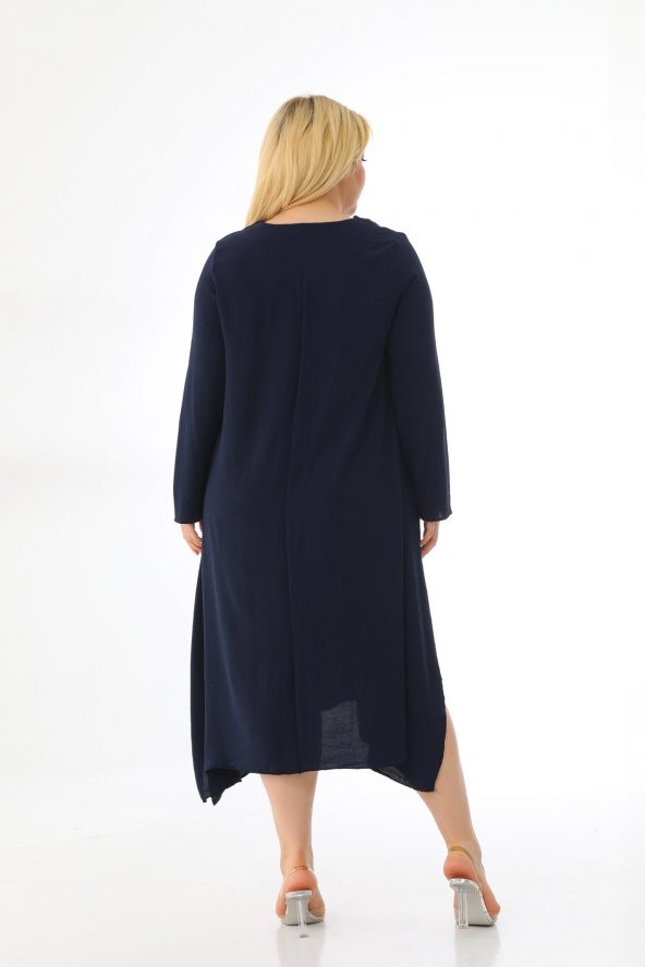 Kadın Büyük Beden Asimetrik Bol Kesim Uzun Kollu Salaş Midi Elbise - 12
