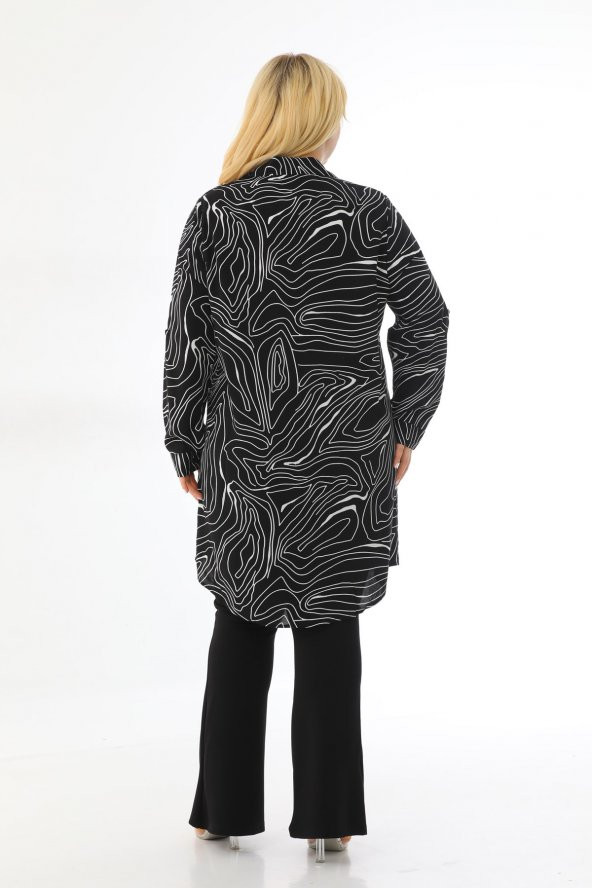 Kadın Büyük Beden Çizgili Desenli Katlamalı Kollu Viskon Tunik Gömlek - 5
