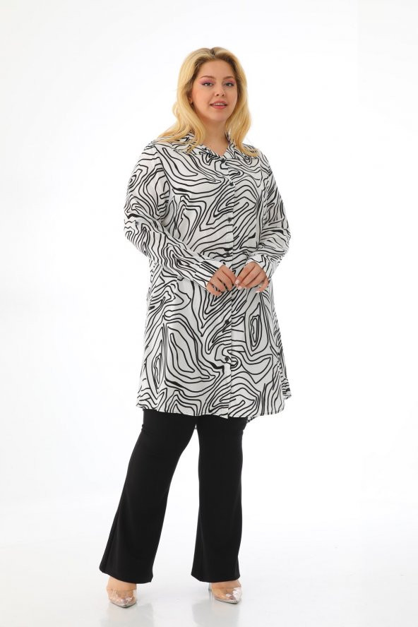 Kadın Büyük Beden Çizgili Desenli Katlamalı Kollu Viskon Tunik Gömlek - 7