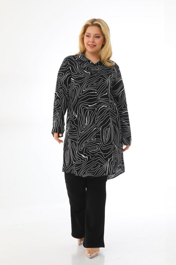 Kadın Büyük Beden Çizgili Desenli Katlamalı Kollu Viskon Tunik Gömlek - 8