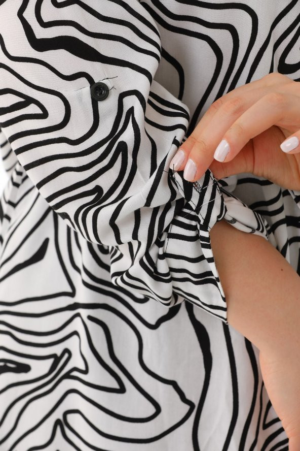 Kadın Büyük Beden Çizgili Desenli Katlamalı Kollu Viskon Tunik Gömlek - 12