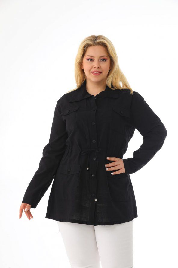 Kadın Büyük Beden Düğmeli Cepli Mevsimlik Safari Ceket - 2