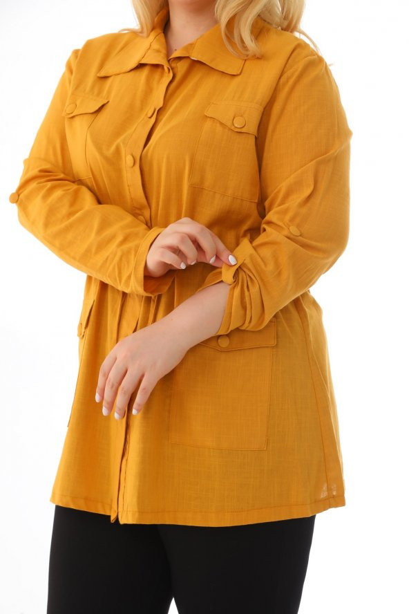 Kadın Büyük Beden Düğmeli Cepli Mevsimlik Safari Ceket - 3