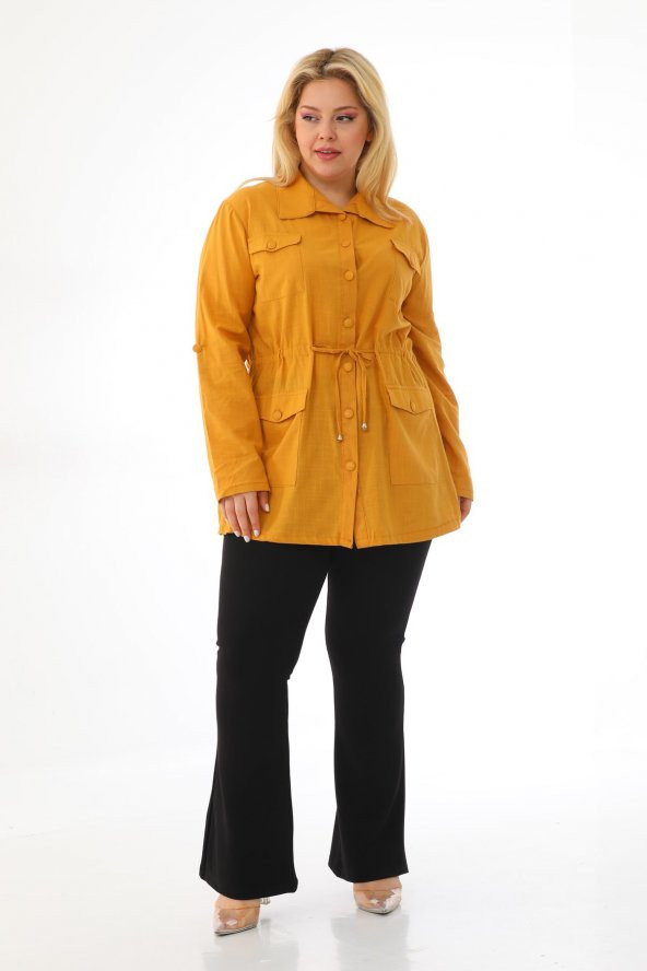 Kadın Büyük Beden Düğmeli Cepli Mevsimlik Safari Ceket - 5