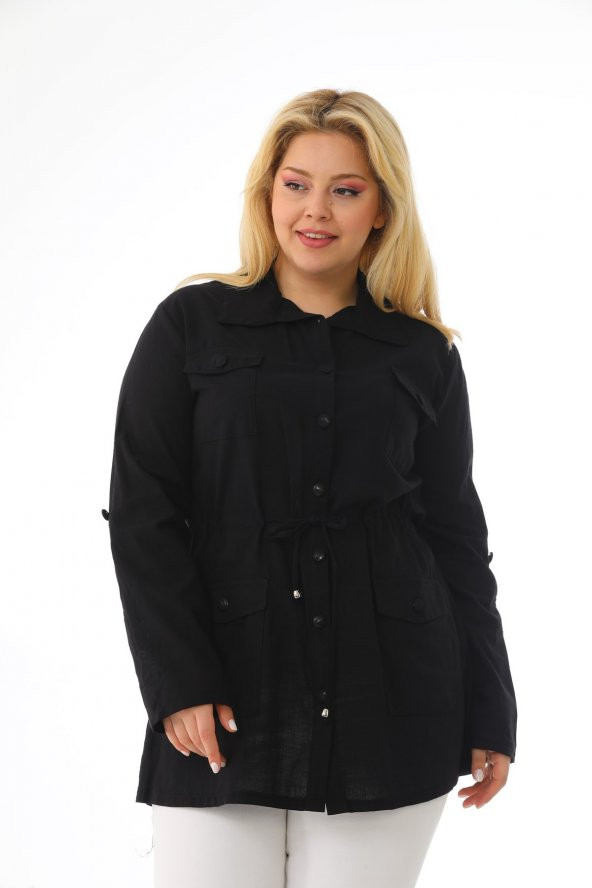 Kadın Büyük Beden Düğmeli Cepli Mevsimlik Safari Ceket - 8