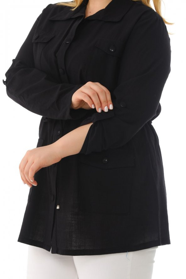 Kadın Büyük Beden Düğmeli Cepli Mevsimlik Safari Ceket - 10