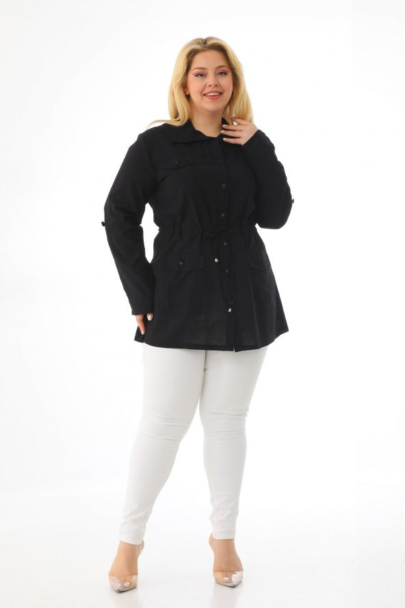 Kadın Büyük Beden Düğmeli Cepli Mevsimlik Safari Ceket - 11