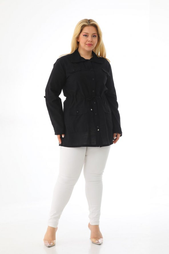 Kadın Büyük Beden Düğmeli Cepli Mevsimlik Safari Ceket - 12